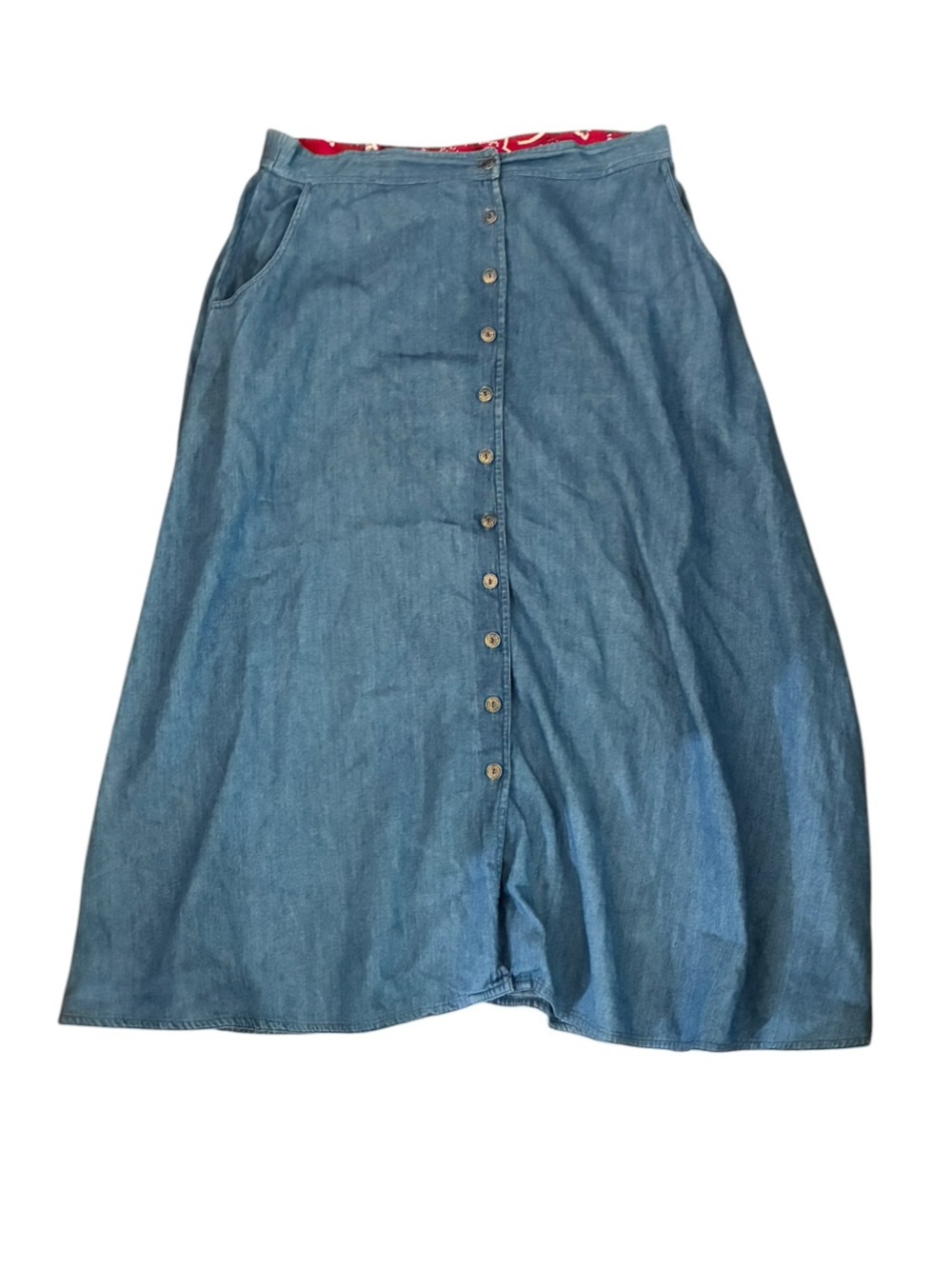 Vintage Y2K Khaki Rose Chambray Button Front Midi Skirt Smocked Blue XL
